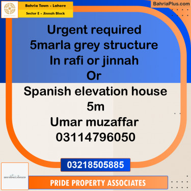5 Marla Residential House for Sale in Sector E - Jinnah Block -  Bahria Town, Lahore - (BP-252833)
