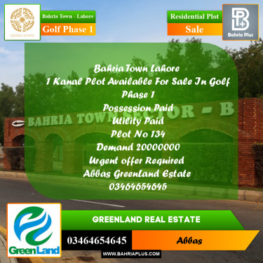 1 Kanal Residential Plot for Sale in Golf Phase 1 -  Bahria Town, Lahore - (BP-252843)