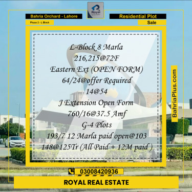 8 Marla Residential Plot for Sale in Phase 2 - L Block -  Bahria Orchard, Lahore - (BP-253278)