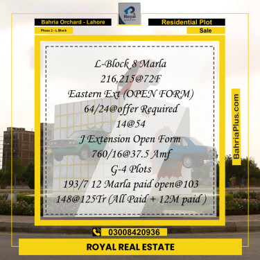 8 Marla Residential Plot for Sale in Phase 2 - L Block -  Bahria Orchard, Lahore - (BP-253279)