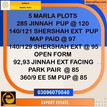 5 Marla Residential Plot for Sale in Bahria Town, Lahore - (BP-253291)