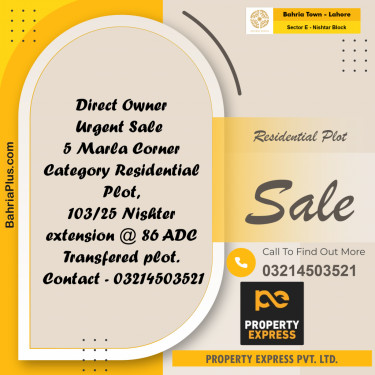 6.25 Marla Residential Plot for Sale in Sector E - Nishtar Block -  Bahria Town, Lahore - (BP-253478)