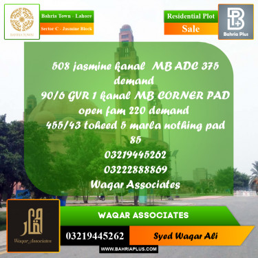 1 Kanal Residential Plot for Sale in Sector C - Jasmine Block -  Bahria Town, Lahore - (BP-253623)