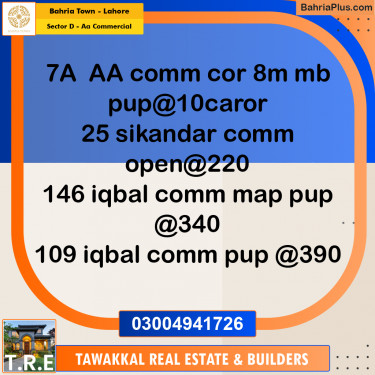 8 Marla Commercial Plot for Sale in Sector D - AA Commercial -  Bahria Town, Lahore - (BP-253644)