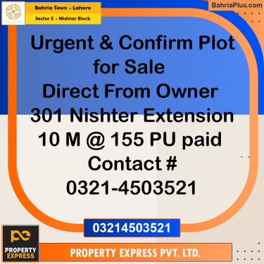 10 Marla Residential Plot for Sale in Sector E - Nishtar Block -  Bahria Town, Lahore - (BP-253668)