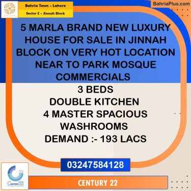 5 Marla Residential House for Sale in Sector E - Jinnah Block -  Bahria Town, Lahore - (BP-253792)