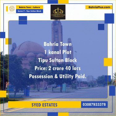 1 Kanal Residential Plot for Sale in Sector F - Tipu Sultan Block -  Bahria Town, Lahore - (BP-254105)