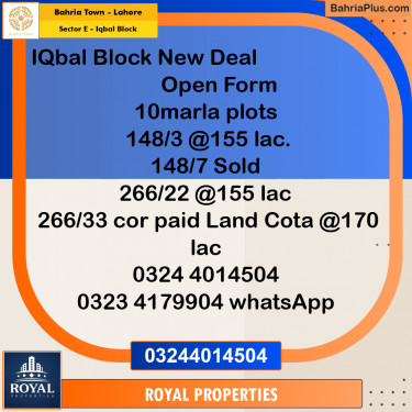 Residential Plot for Sale in Sector E - Iqbal Block -  Bahria Town, Lahore - (BP-254551)