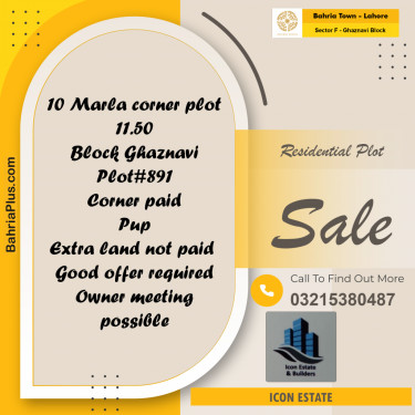 10 Marla Residential Plot for Sale in Sector F - Ghaznavi Block -  Bahria Town, Lahore - (BP-255063)