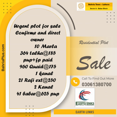 40 Kanal Residential Plot for Sale in Sector A - Babar Block -  Bahria Town, Lahore - (BP-255290)