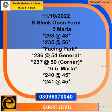5 Marla Residential Plot for Sale in Phase 2 - K Block -  Bahria Orchard, Lahore - (BP-255511)