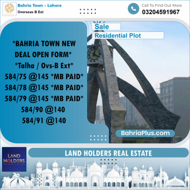 10 Marla Residential Plot for Sale in Overseas B Ext -  Bahria Town, Lahore - (BP-256165)