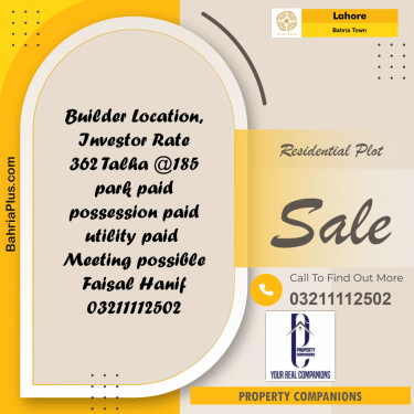 Residential Plot for Sale in Bahria Town, Lahore - (BP-256189)