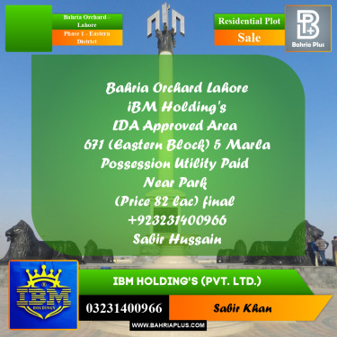 5 Marla Residential Plot for Sale in Phase 1 - Eastern District -  Bahria Orchard, Lahore - (BP-256337)