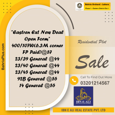 5 Marla Residential Plot for Sale in Phase 1 - Eastern District Ext. I -  Bahria Orchard, Lahore - (BP-256367)