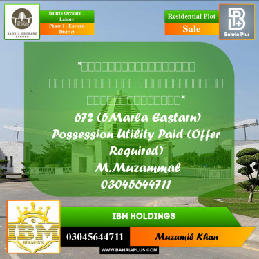 5 Marla Residential Plot for Sale in Phase 1 - Eastern District -  Bahria Orchard, Lahore - (BP-256481)