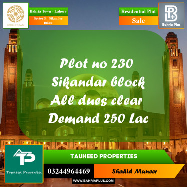 1 Kanal Residential Plot for Sale in Sector F - Sikander Block -  Bahria Town, Lahore - (BP-256682)
