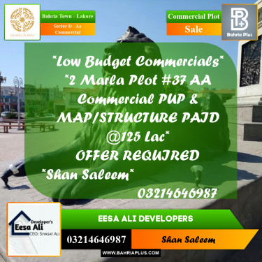 2 Marla Commercial Plot for Sale in Sector D - AA Commercial -  Bahria Town, Lahore - (BP-256731)