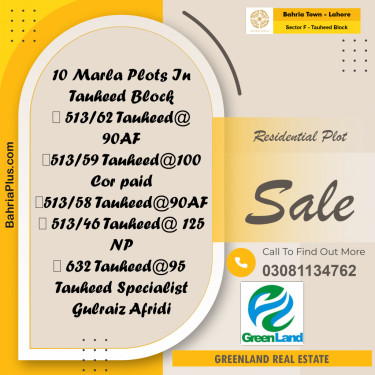 10 Marla Residential Plot for Sale in Sector F - Tauheed Block -  Bahria Town, Lahore - (BP-256873)