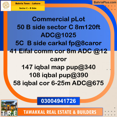 8 Marla Commercial Plot for Sale in Sector C - B Side -  Bahria Town, Lahore - (BP-256926)