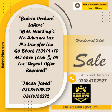 10 Marla Residential Plot for Sale in Phase 4 - G6 Block -  Bahria Orchard, Lahore - (BP-256937)