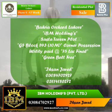 10 Marla Residential Plot for Sale in Phase 4 - G5 Block -  Bahria Orchard, Lahore - (BP-256973)
