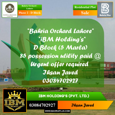 5 Marla Residential Plot for Sale in Phase 2 - D Block -  Bahria Orchard, Lahore - (BP-256983)
