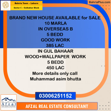 10 Marla Residential House for Sale in Sector C - Gulbahar Block -  Bahria Town, Lahore - (BP-256997)