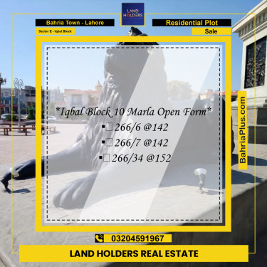 10 Marla Residential Plot for Sale in Sector E - Iqbal Block -  Bahria Town, Lahore - (BP-257200)