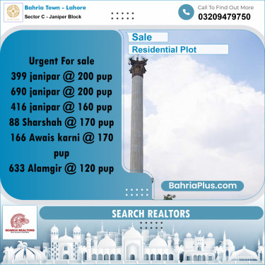 10 Marla Residential Plot for Sale in Sector C - Janiper Block -  Bahria Town, Lahore - (BP-257586)