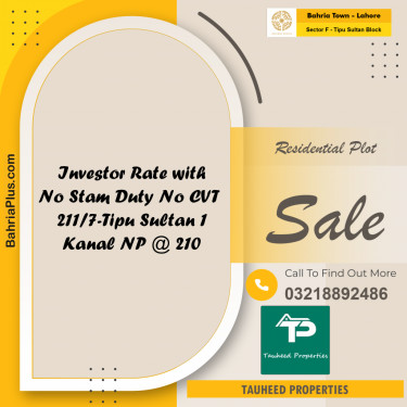 1 Kanal Residential Plot for Sale in Sector F - Tipu Sultan Block -  Bahria Town, Lahore - (BP-257691)