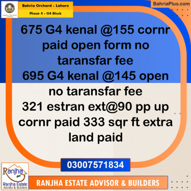 1 Kanal Residential Plot for Sale in Phase 4 - G4 Block -  Bahria Orchard, Lahore - (BP-258041)