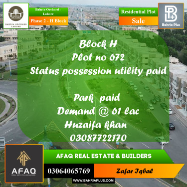 8 Marla Residential Plot for Sale in Phase 2 - H Block -  Bahria Orchard, Lahore - (BP-258477)