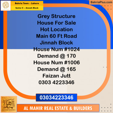 Residential House for Sale in Sector E - Jinnah Block -  Bahria Town, Lahore - (BP-258846)