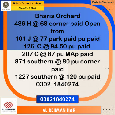 8 Marla Residential Plot for Sale in Phase 2 - C Block -  Bahria Orchard, Lahore - (BP-259361)