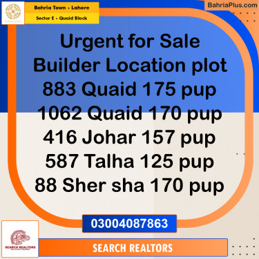 10 Marla Residential Plot for Sale in Sector E - Quaid Block -  Bahria Town, Lahore - (BP-259367)