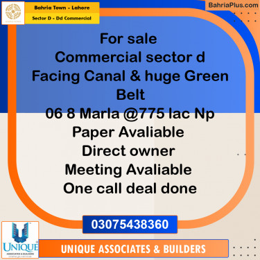 8 Marla Commercial Plot for Sale in Sector D - DD Commercial -  Bahria Town, Lahore - (BP-259446)