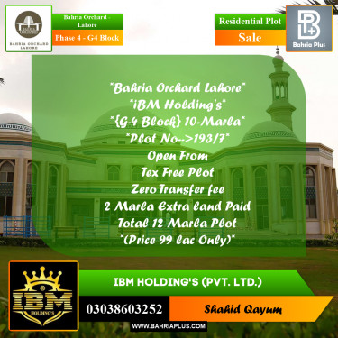 10 Marla Residential Plot for Sale in Phase 4 - G4 Block -  Bahria Orchard, Lahore - (BP-259663)