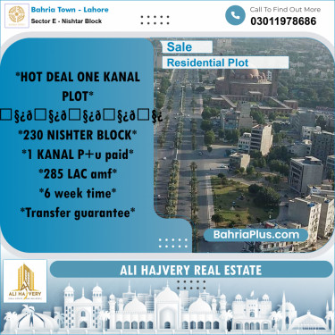 1 Kanal Residential Plot for Sale in Sector E - Nishtar Block -  Bahria Town, Lahore - (BP-259664)