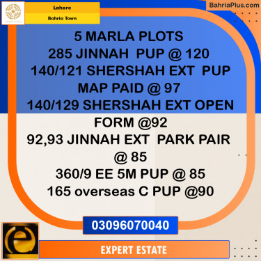 5 Marla Residential Plot for Sale in Bahria Town, Lahore - (BP-259799)