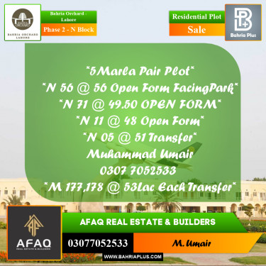 5 Marla Residential Plot for Sale in Phase 2 - N Block -  Bahria Orchard, Lahore - (BP-259928)