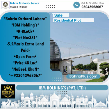 5.5 Marla Residential Plot for Sale in Phase 2 - K Block -  Bahria Orchard, Lahore - (BP-259988)
