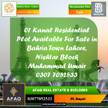1 Kanal Residential Plot for Sale in Sector E - Nishtar Block -  Bahria Town, Lahore - (BP-260017)