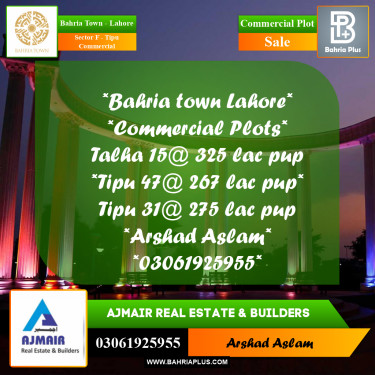Commercial Plot for Sale in Sector F - Tipu Commercial -  Bahria Town, Lahore - (BP-260358)