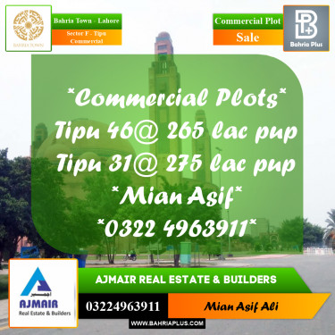 Commercial Plot for Sale in Sector F - Tipu Commercial -  Bahria Town, Lahore - (BP-260360)