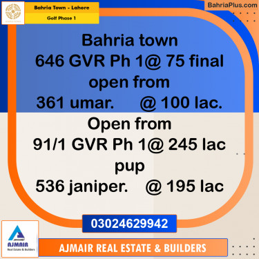 5 Marla Residential Plot for Sale in Golf Phase 1 -  Bahria Town, Lahore - (BP-260584)