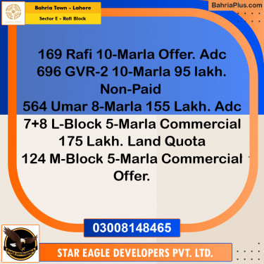 10 Marla Residential Plot for Sale in Sector E - Rafi Block -  Bahria Town, Lahore - (BP-261095)