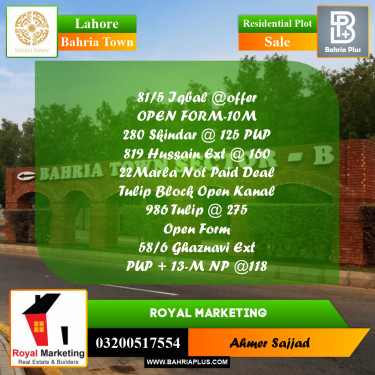 Residential Plot for Sale in Bahria Town, Lahore - (BP-261310)