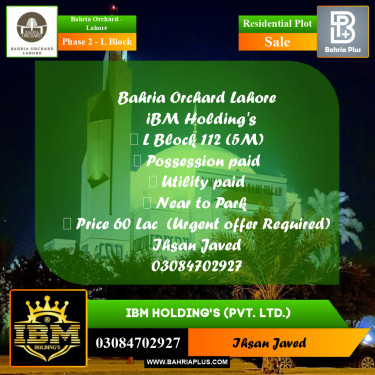 5 Marla Residential Plot for Sale in Phase 2 - L Block -  Bahria Orchard, Lahore - (BP-261411)