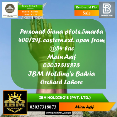 5 Marla Residential Plot for Sale in Phase 1 - Eastern District Ext. II -  Bahria Orchard, Lahore - (BP-261485)